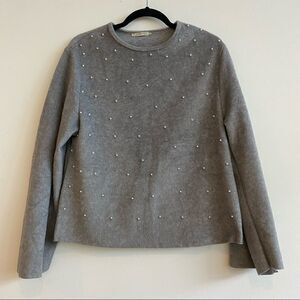Zara Grey Fuzzy Pearl Embellished Pullover Crew Neck Sweater Size Small